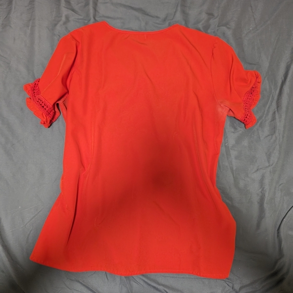 Vivid orange embroidered shirt white & blue flowers boho bright short sleeve top - Picture 2 of 8